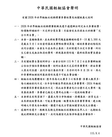 輕艇水球世錦賽自費10萬引熱議　協會聲明澄清：從未承諾全額補助