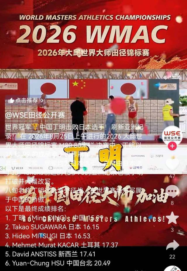 丁明站上冠军领奖台（来源：WSE田径公开赛官方账号）